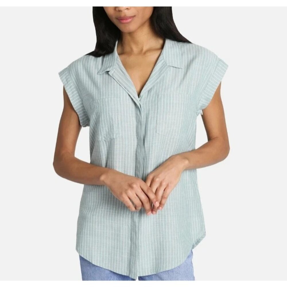 Jachs Girlfriend Women's M Green & White Striped Sleeveless Button-Down n1177